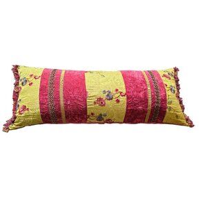 Vintage Boho Decorative Pillow 37"x15" Velvet & Brocade Floral Red & Yellow